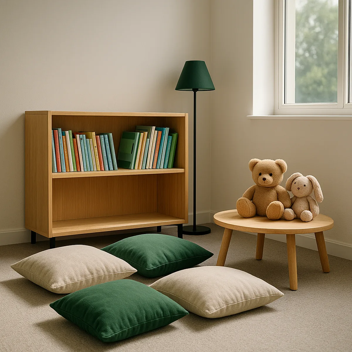 A bright classroom corner with picture books and floor cushions