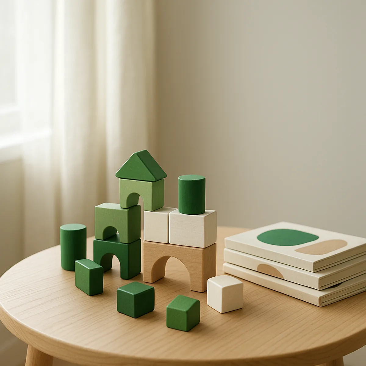 Colourful wooden blocks and picture books on a low children's table