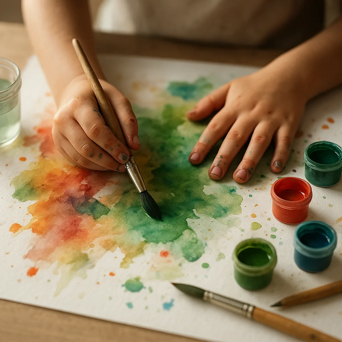 A child's hands painting with bright watercolours on paper
